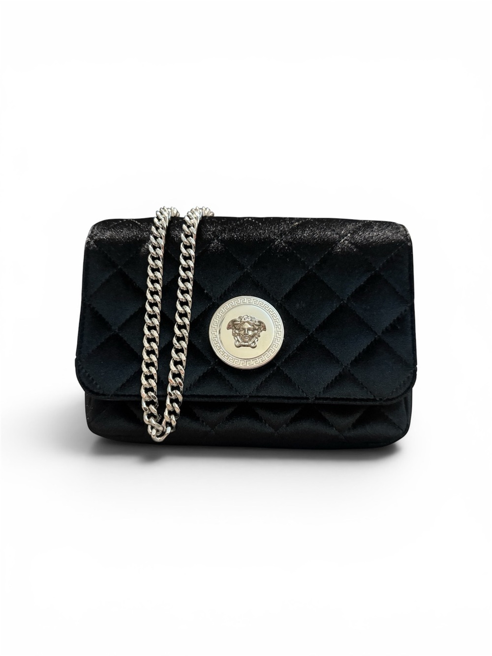 Versace Black Quilted Crossbody W/Silver Medusa Medallion